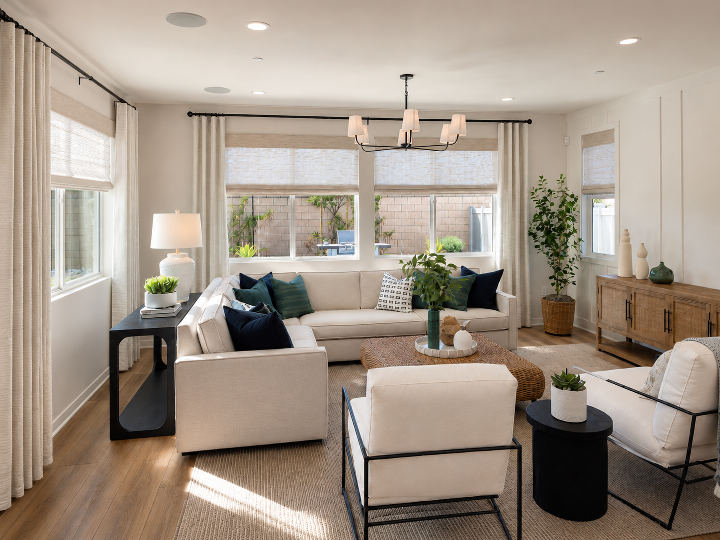 Custom woven shades and draperies in a sunlit living room