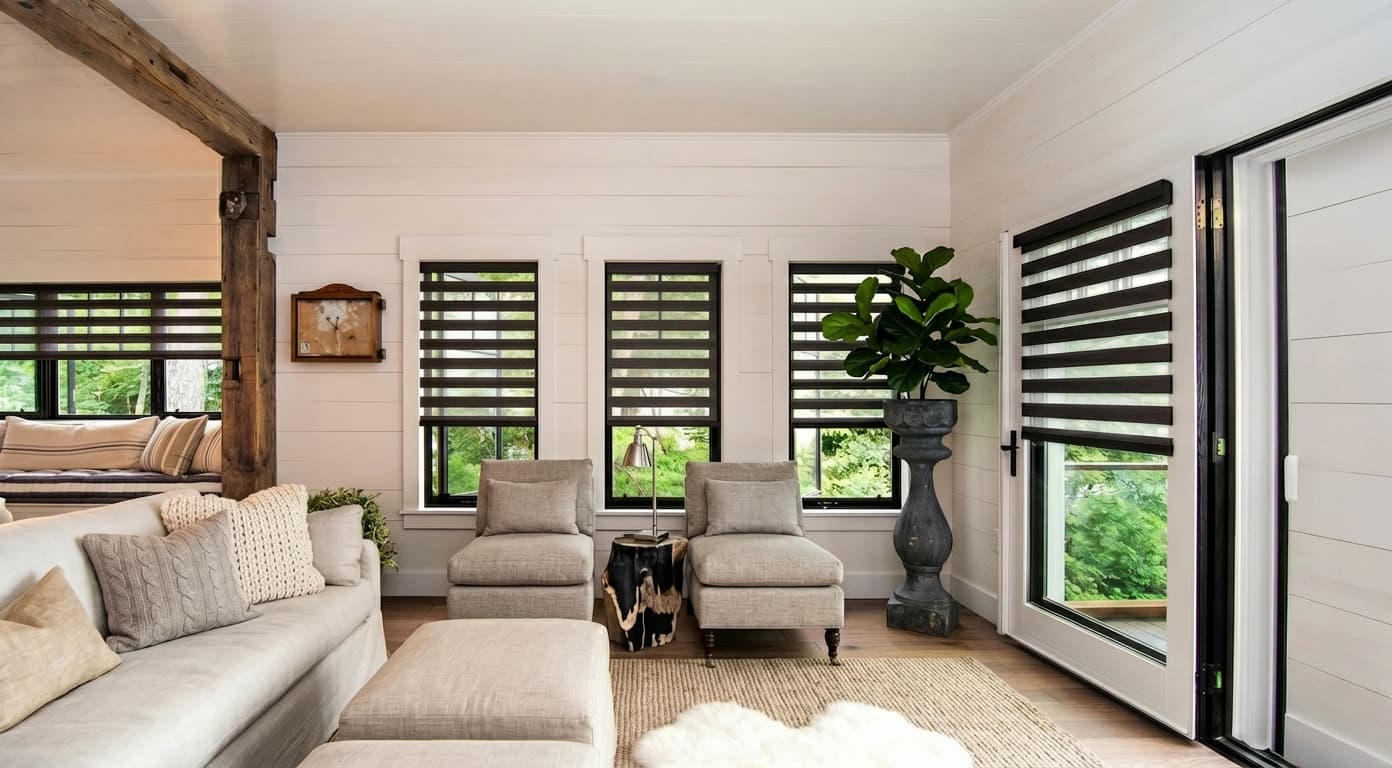 Daylight diffused through 2D dual sheer shades in a residential interior