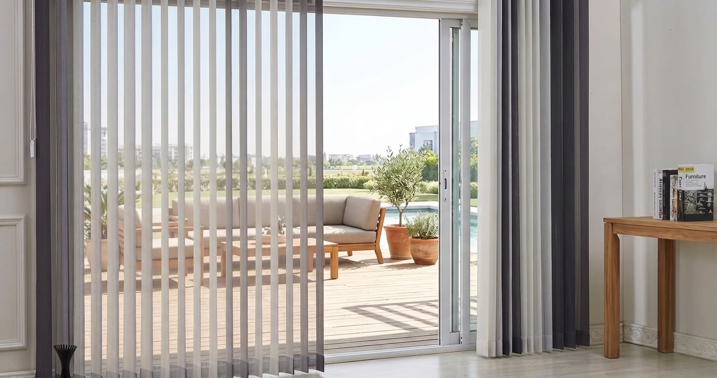 Curvers vertical sheer shades on a floor-to-ceiling window