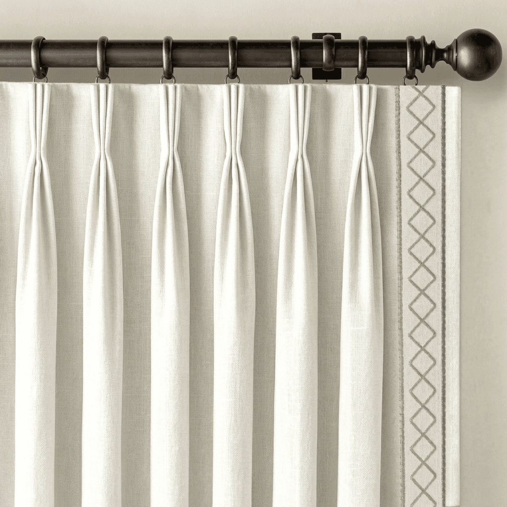 Drapery panel with trim inset from the edge