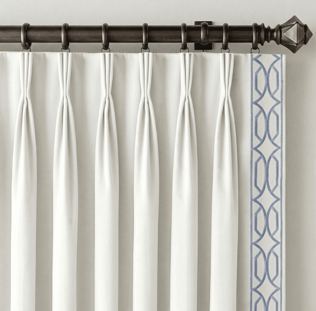 Drapery panel with trim applied along the leading edge