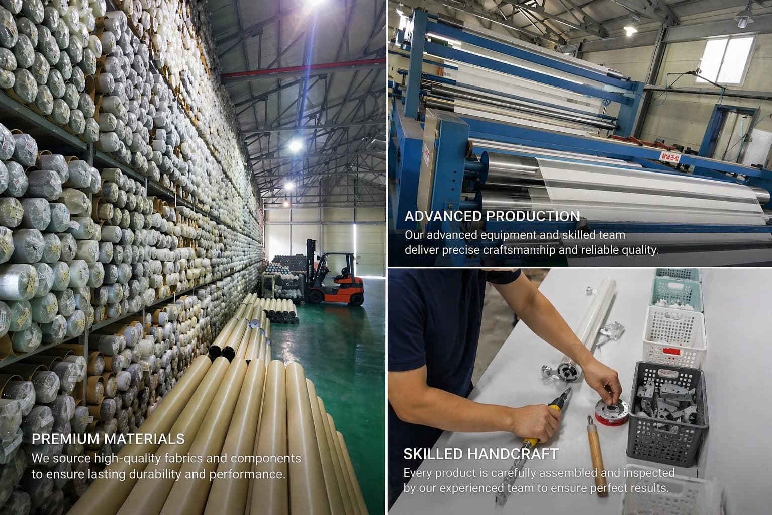 CWF factory — warehouse of fabric rolls, precision cutting machinery, and a technician assembling a shade