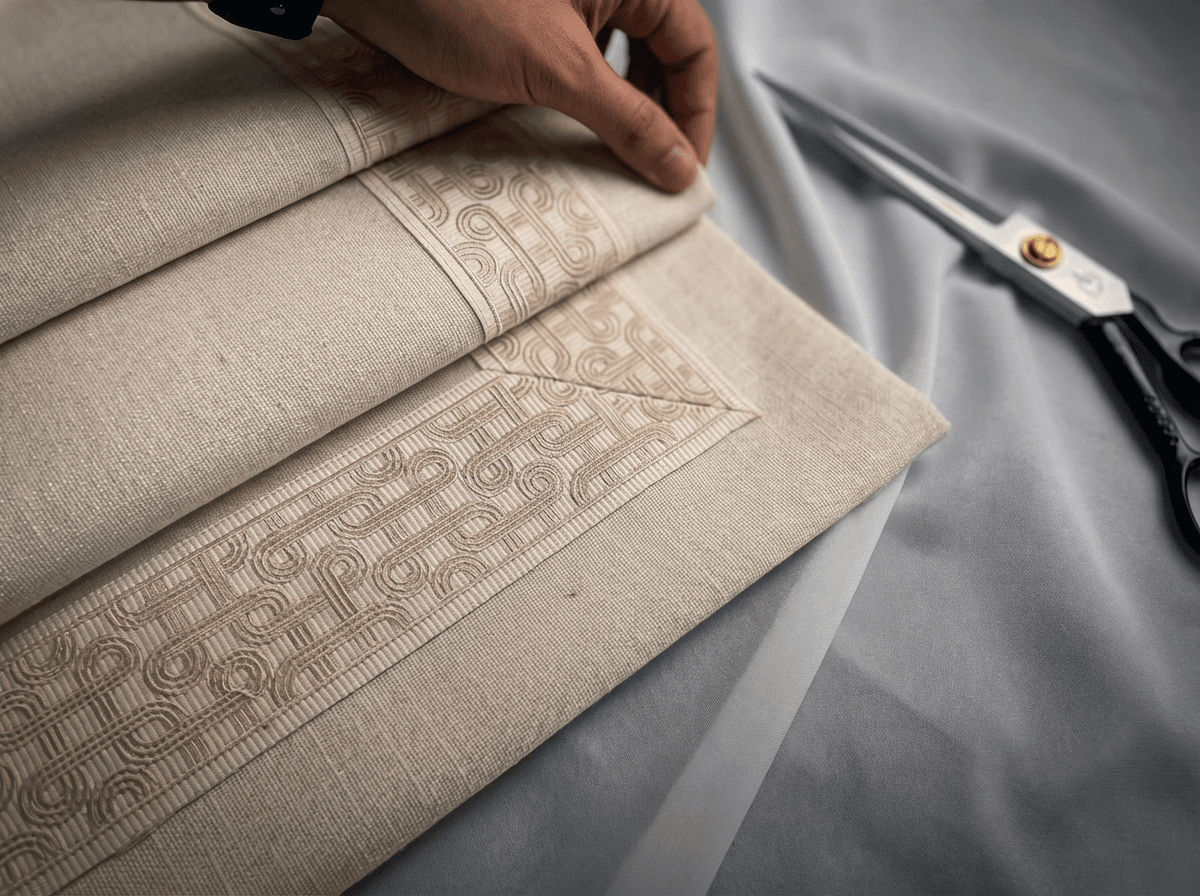 Roman shade with decorative trim applied along the edges