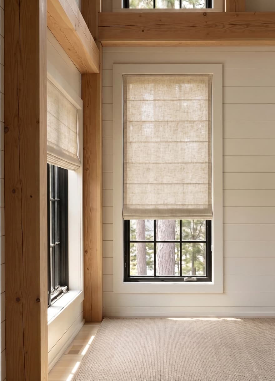 The Signature Fabric Roman shades in a refined sitting room